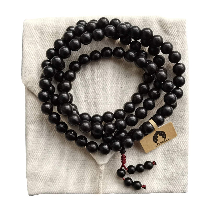 HAPPEACE HAPPEACE 8mm Inelastic rope Natural Ebony 108 Mala beads- Tibetan Prayer bead or Meditation  - Image 1