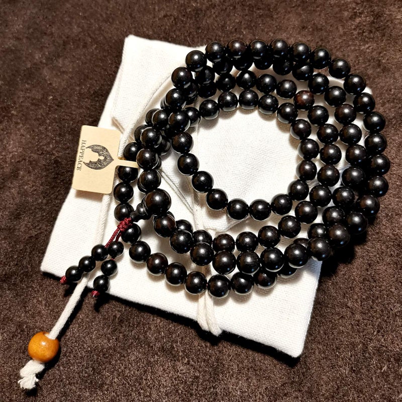 HAPPEACE HAPPEACE 8mm Inelastic rope Natural Ebony 108 Mala beads- Tibetan Prayer bead or Meditation  - Image 3