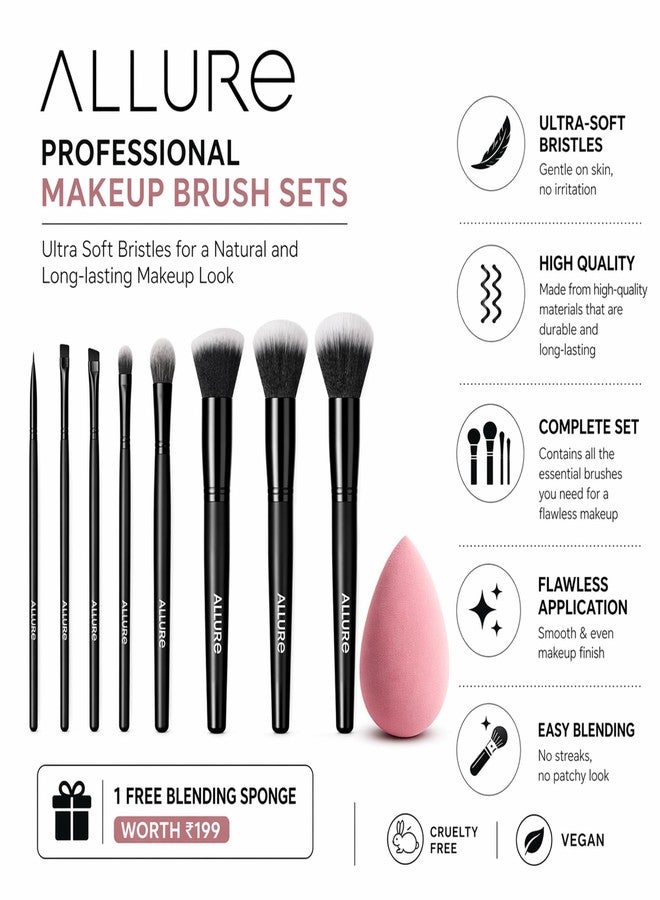 Allure Premium Makeup Brush Set of 8 with Holder – Face & Eye Brushes (Sponge-Free) - Image 2