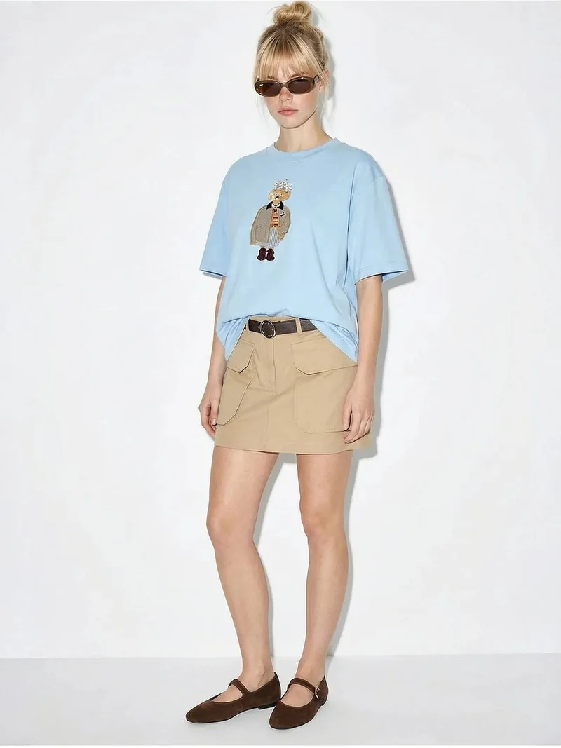 بيانكو لوتشي LUCCI Embroidered Crew Neck Relaxed Fit T-Shirt