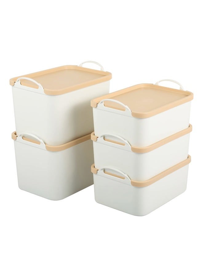 ANMINY Lidded Plastic Storage Bins Set White Desk Basket Box Cube Drawer Organizer Kitchen Food Container with Handles Removable Lids for Cosmetic Makeup Bathroom Countertop Dresser - 2 Medium 3 Small - Image 1