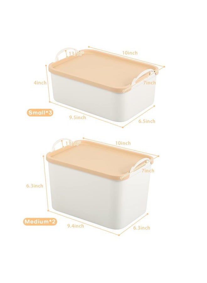 ANMINY Lidded Plastic Storage Bins Set White Desk Basket Box Cube Drawer Organizer Kitchen Food Container with Handles Removable Lids for Cosmetic Makeup Bathroom Countertop Dresser - 2 Medium 3 Small - Image 4