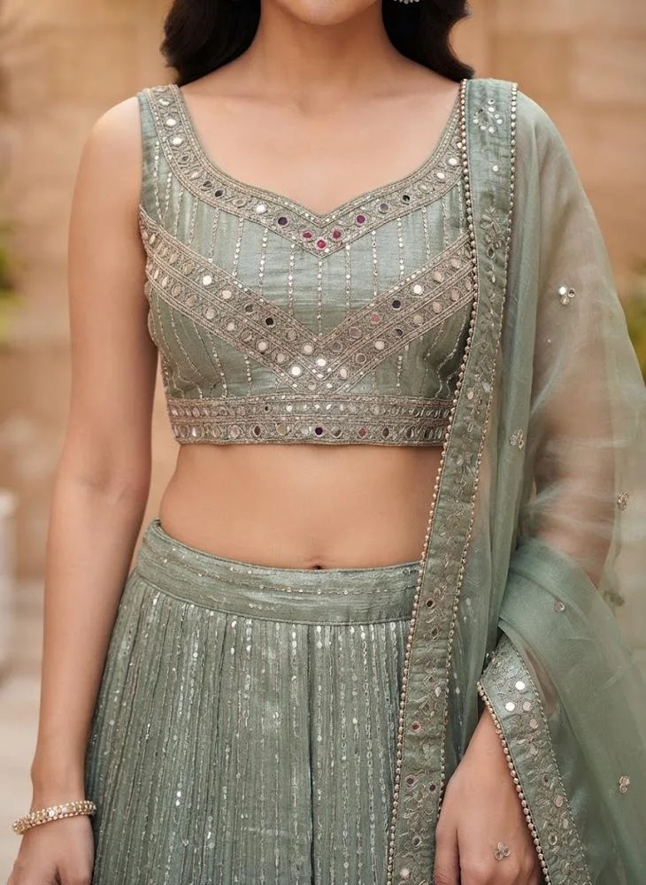 Viny VINY Sage Green 3-Piece Embellished Lehenga Set – Women's Indian Ethnic Wear