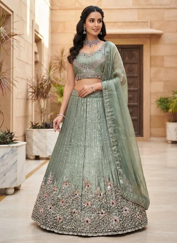 Viny VINY Sage Green 3-Piece Embellished Lehenga Set – Women's Indian Ethnic Wear