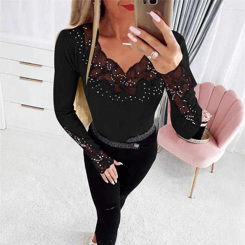 Women's Solid Color Lace Trim Rhinestone Long Sleeve T-Shirt - Image 2