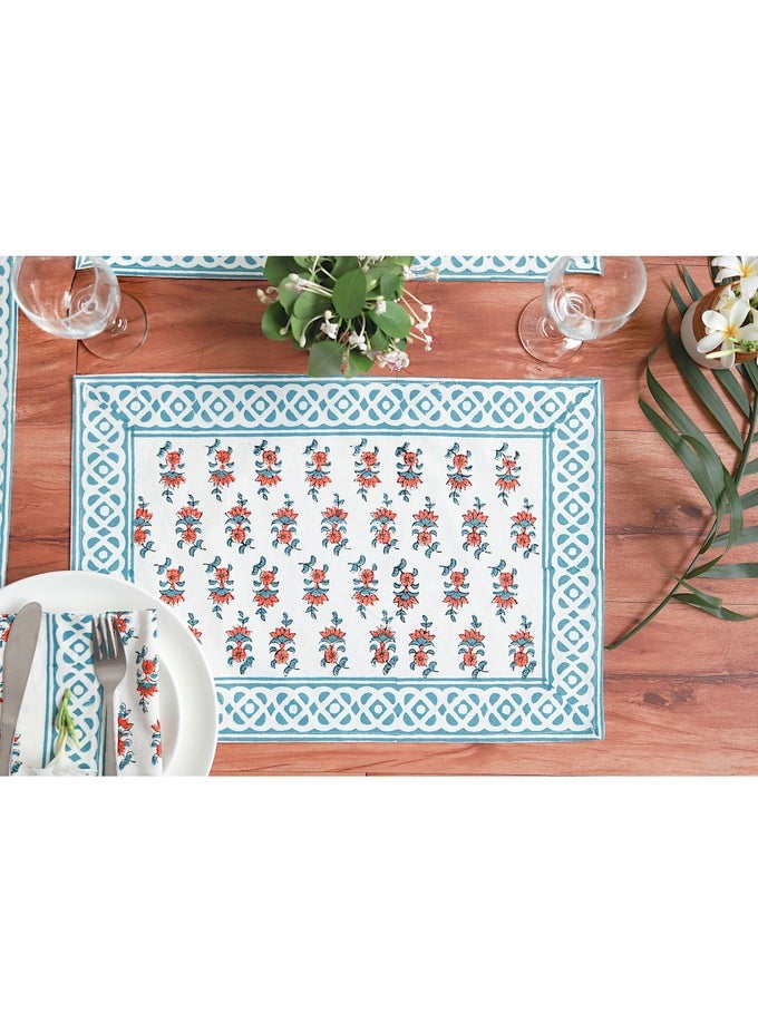 12 PIECE GREY AND ORANGE COLOR HAND BLOCK PRINTED 100 PERCENT CANVAS COTTON TABLE PLACEMATS & SOFT COTTON NAPKIN SET