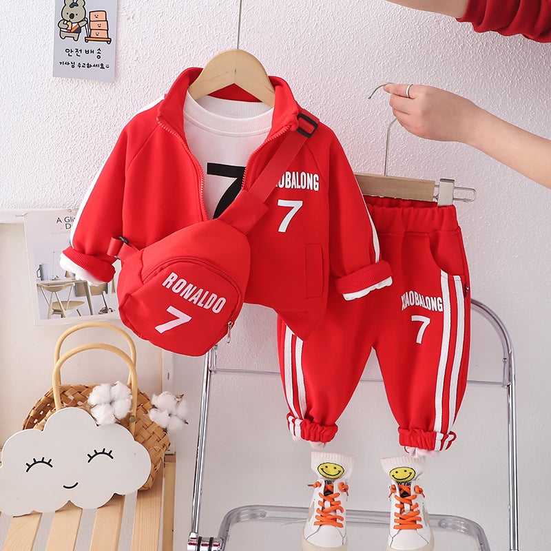 Boys spring clothes Western style childrens clothes spring and autumn three-piece suit baby handsome trendy childrens clothing new baby spring suit Red with bag