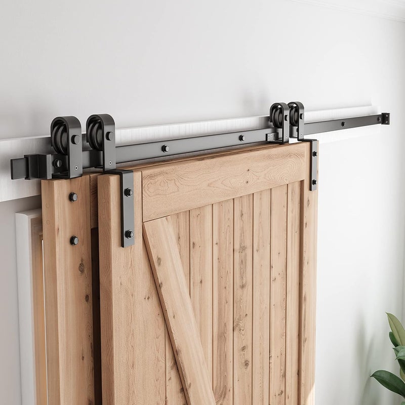 SMARTSTANDARD 7.5 Feet Bypass Sliding Barn Door Hardware Kit - for Double Wooden Doors-Single Track - Smoothly & Quietly - Easy to Install-Fit 78" Opening - Image 1