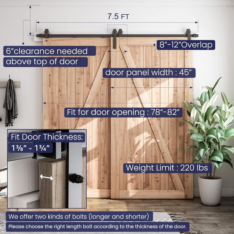SMARTSTANDARD 7.5 Feet Bypass Sliding Barn Door Hardware Kit - for Double Wooden Doors-Single Track - Smoothly & Quietly - Easy to Install-Fit 78" Opening - Image 4