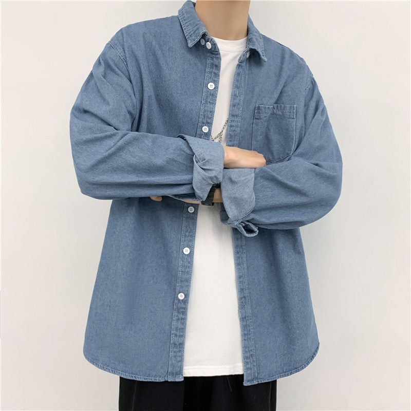 Japanese retro workwear Denim shirt mens autumn and winter Hong Kong style ins handsome shirt casual all-match long sleeve coat Light blue  - Image 2