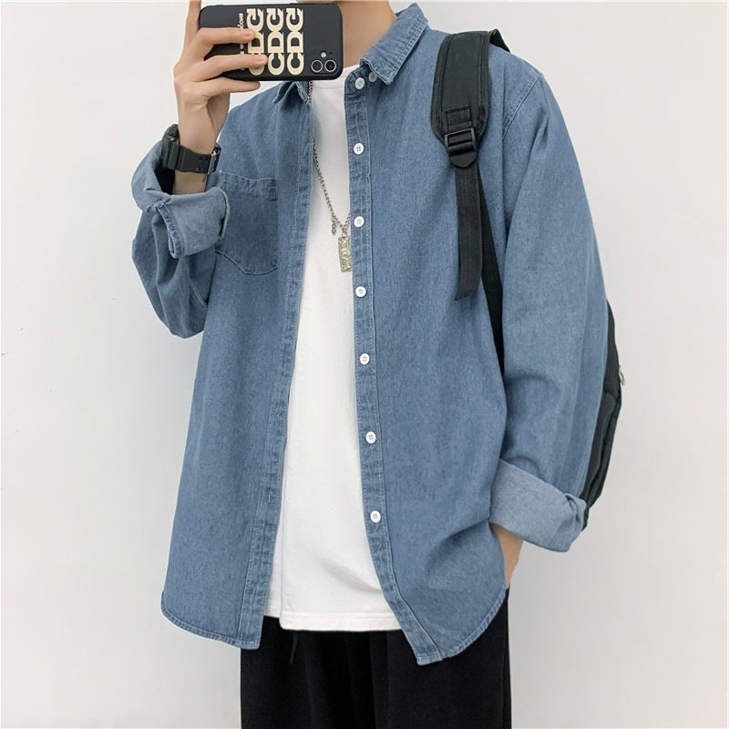 Japanese retro workwear Denim shirt mens autumn and winter Hong Kong style ins handsome shirt casual all-match long sleeve coat Light blue  - Image 3