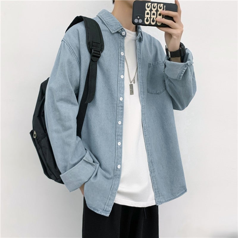 Japanese retro workwear Denim shirt mens autumn and winter Hong Kong style ins handsome shirt casual all-match long sleeve coat Light blue  - Image 1