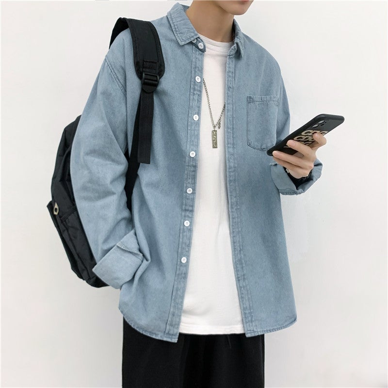 Japanese retro workwear Denim shirt mens autumn and winter Hong Kong style ins handsome shirt casual all-match long sleeve coat Light blue  - Image 4