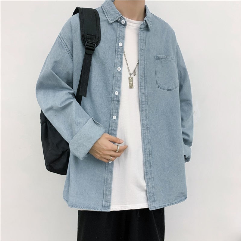 Japanese retro workwear Denim shirt mens autumn and winter Hong Kong style ins handsome shirt casual all-match long sleeve coat Light blue  - Image 5