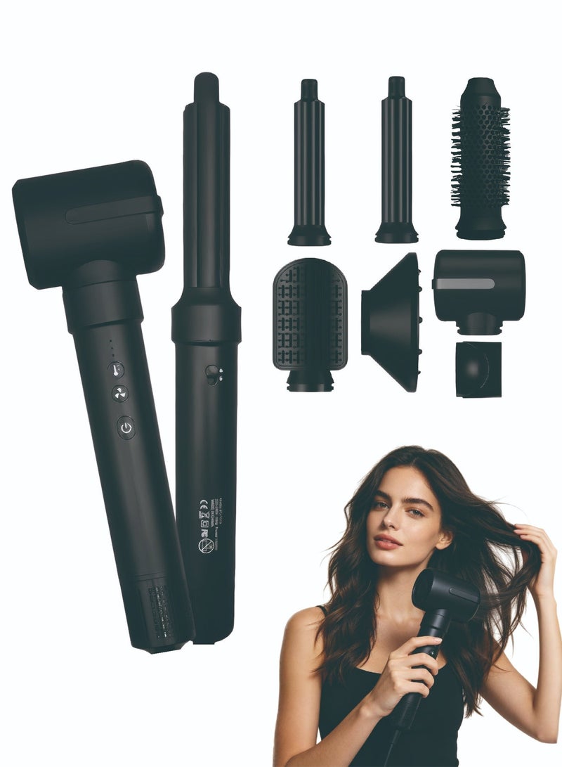ZONBON 7-in-1 1400W Professional Hair Styling Set: Multi-functional hot air comb styler including straightener, hot air comb, curling iron, and diffuser nozzle; ionic hair dryer with a powerful 110,000 RPM motor; automatic curling iron; protective coating. - Image 1