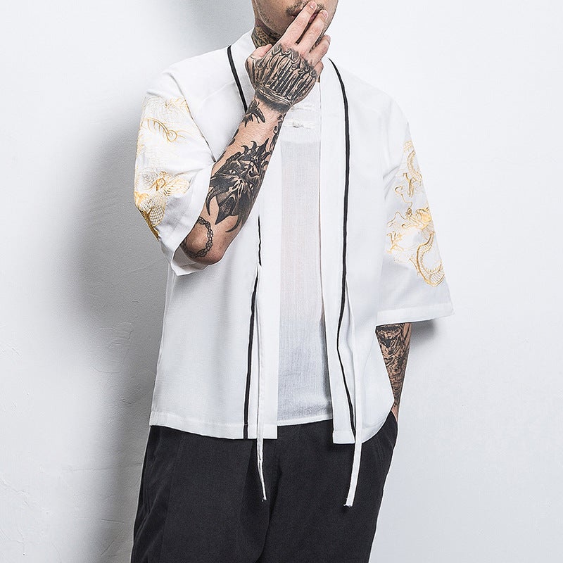 Chinese Style Shirt Mens Loose Cardigan Robe Japanese Style Dragon and Phoenix Crane Embroidery Seven-point Sleeve Hanfu Thin Coat 206 White 