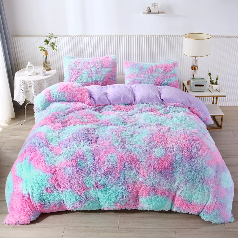 RYNGHIPY RYNGHIPY Purple Tie Dye Rainbow Duvet Cover Set Fluffy Fuzzy Long Hair Faux Fur Crystal Velvet Bedding Set for Teens Girls PurpleQueen 