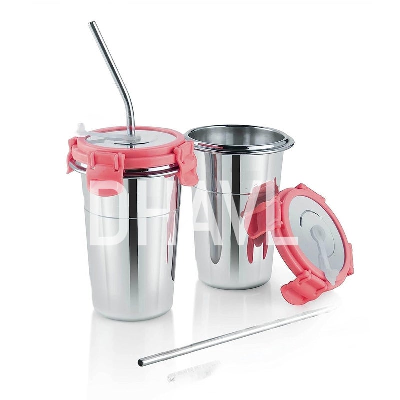 Dhavl Stainless Steel Tumbler with Silicon Aperture Steel Lid Leak Proof Set of 2 pcs with 2 Straws 2 Brush Steel Glass with Lid Capacity 400ML Ice Pink 400ml 2 pcs - Image 1