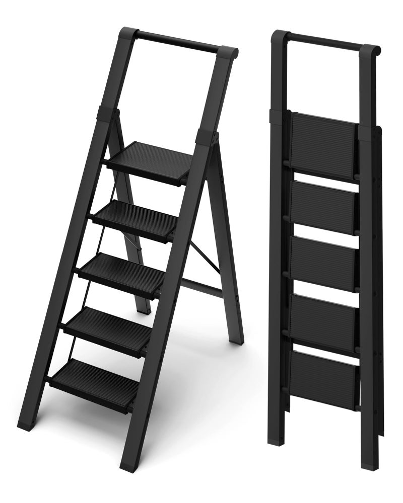 BEFITMACE 5 Step Ladder, Lightweight Folding Step Stool withConvenient Handgrip,Aluminum 330lbs Capacity Step Ladderfor Office,Household,Kitchen(Black) - Image 1