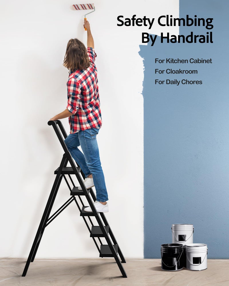 BEFITMACE 5 Step Ladder, Lightweight Folding Step Stool withConvenient Handgrip,Aluminum 330lbs Capacity Step Ladderfor Office,Household,Kitchen(Black) - Image 3