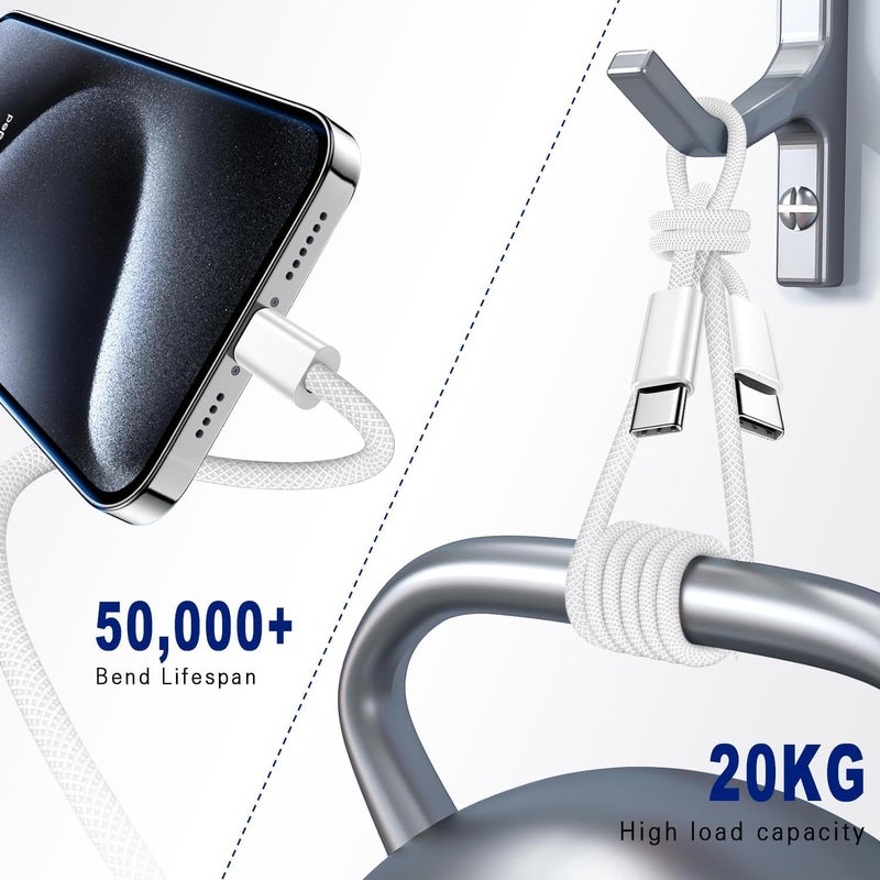 كابل LinJie USB C، كابل شحن طويل مضفر، كابل شحن فائق السرعة، متوافق مع iPhone 15-17/15-17 Pro/15-17 Plus/15-17 Pro Max، iPad Mini/Pro، MacBook Pro/Air (أبيض) (100 سنتيمتر، قطعتان) - Image 5