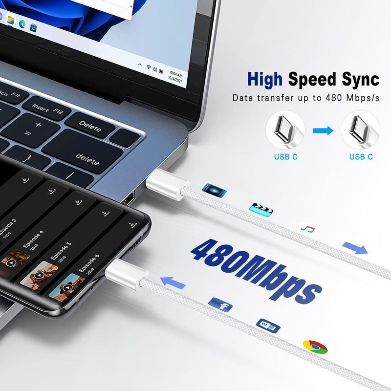 كابل LinJie USB C، كابل شحن طويل مضفر، كابل شحن فائق السرعة، متوافق مع iPhone 15-17/15-17 Pro/15-17 Plus/15-17 Pro Max، iPad Mini/Pro، MacBook Pro/Air (أبيض) (100 سنتيمتر، قطعتان) - Image 4