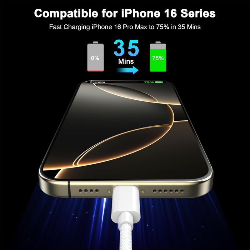 كابل LinJie USB C، كابل شحن طويل مضفر، كابل شحن فائق السرعة، متوافق مع iPhone 15-17/15-17 Pro/15-17 Plus/15-17 Pro Max، iPad Mini/Pro، MacBook Pro/Air (أبيض) (100 سنتيمتر، قطعتان) - Image 2