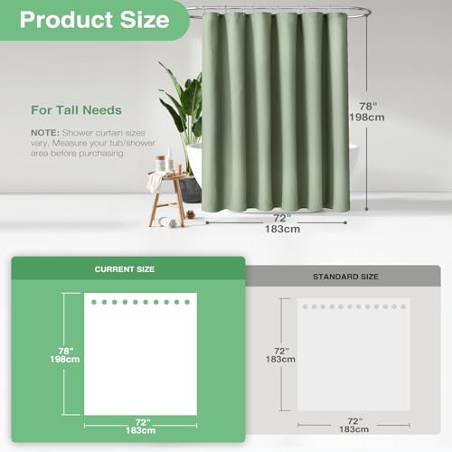 Dynamene Long Fabric Shower Curtain - 78 inch Waffle Weave Heavy Duty Cloth Shower Curtains for Bathroom, Neutral Weighted Hotel Spa Luxury Bath Curtain Set with 12 Plastic Hooks,72x78, Sage Green - Image 3