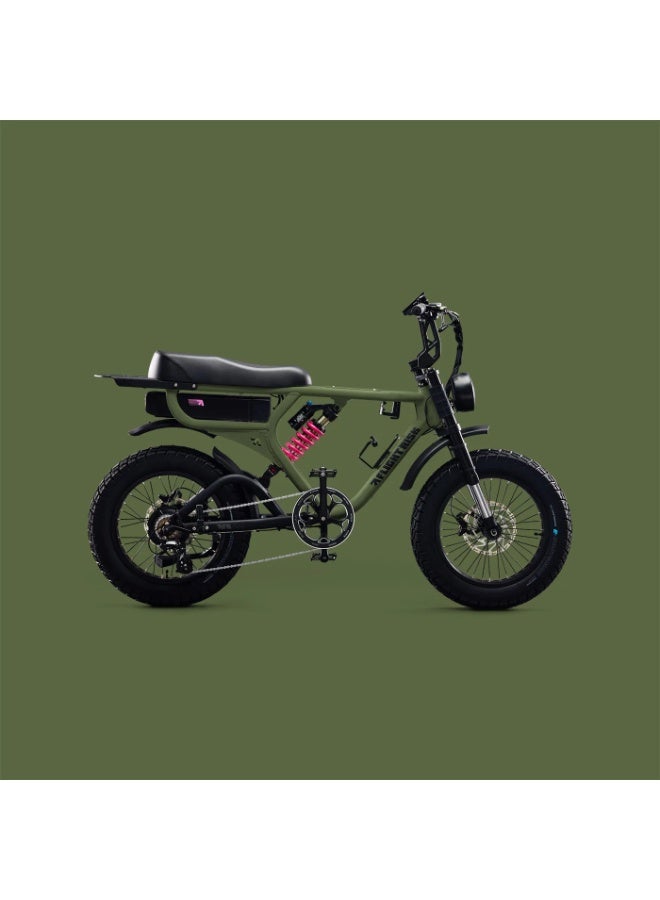 Flight Risk FR555 Electric Bike in Olive with 1000W Max Power Output, Front Exsho & Mid-Range Suspension, 4-Piston Tektro Hydraulic Disc Brakes, Full-Frame Design for Enhanced Stability and Performance - Image 1