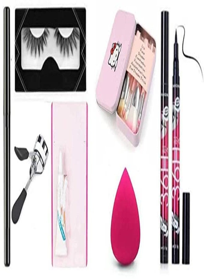 JAAYANSHA Women's and Girl's 7 Pink Makeup Brushes Set and 1 Eyelashes with 1 Glue,1 Curler,1 36H Waterproof Liquid Eyeliner Pencil with 1 Kajal Pencil with 1 Pink Beauty Blender - (Pack of 13) - Image 1