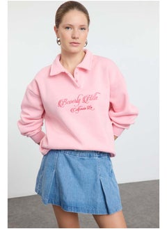 trendyol Light Pink Shirt Collar Embroidered Regular Fit Thick Polar Fleece Knitted Sweatshirt TWOAW24SW00182  - Image 1