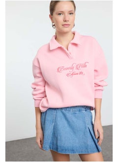 trendyol Light Pink Shirt Collar Embroidered Regular Fit Thick Polar Fleece Knitted Sweatshirt TWOAW24SW00182  - Image 2