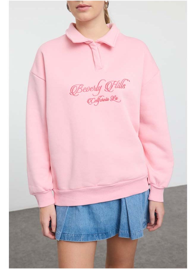 trendyol Light Pink Shirt Collar Embroidered Regular Fit Thick Polar Fleece Knitted Sweatshirt TWOAW24SW00182  - Image 3