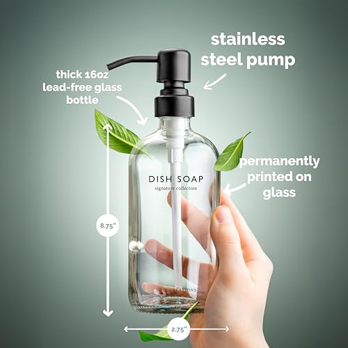 Vine Creations Clear Glass Soap Dispenser Set, Dish Soap and Hand Soap Dispenser Set with Stainless Steel Pump, 16 oz Glass Dispensers for Kitchen Bathroom Decor (Clear Bottle/Matte Black Pump) - Image 5