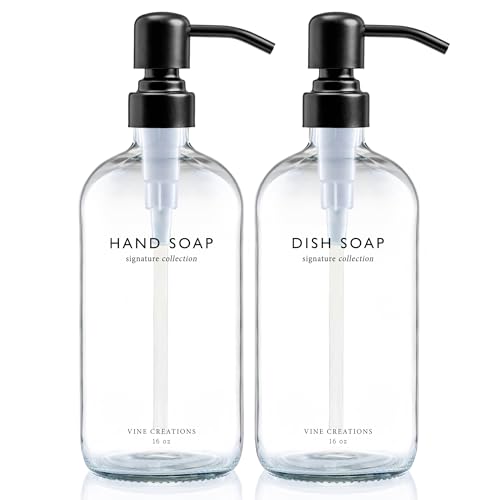 Vine Creations Clear Glass Soap Dispenser Set, Dish Soap and Hand Soap Dispenser Set with Stainless Steel Pump, 16 oz Glass Dispensers for Kitchen Bathroom Decor (Clear Bottle/Matte Black Pump) - Image 1