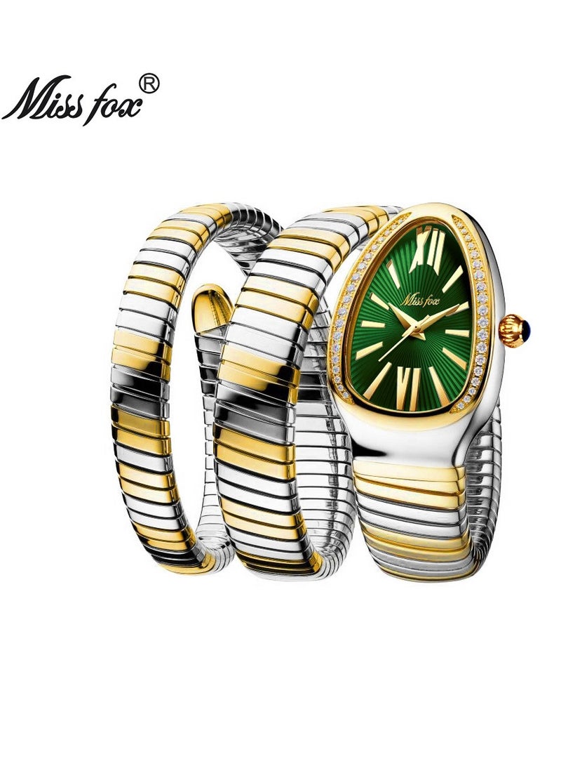MISS FOX ساعة معصم نسائية فاخرة من MISSFOX بتصميم ثلاثي اللف مع ذهبية وثعبان وألماس وساعة كوارتز مقاومة للماء AAA هدية ساخنة