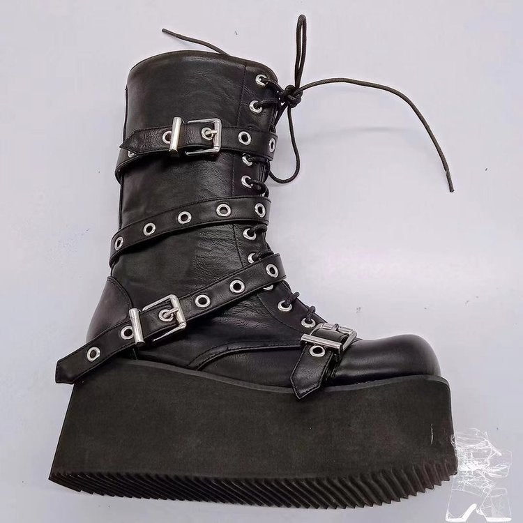 Plus Size 43 Women'S Boots 2021 New Punk Belt Buckle Thick Bottom Side Pull Boots Women - Image 4