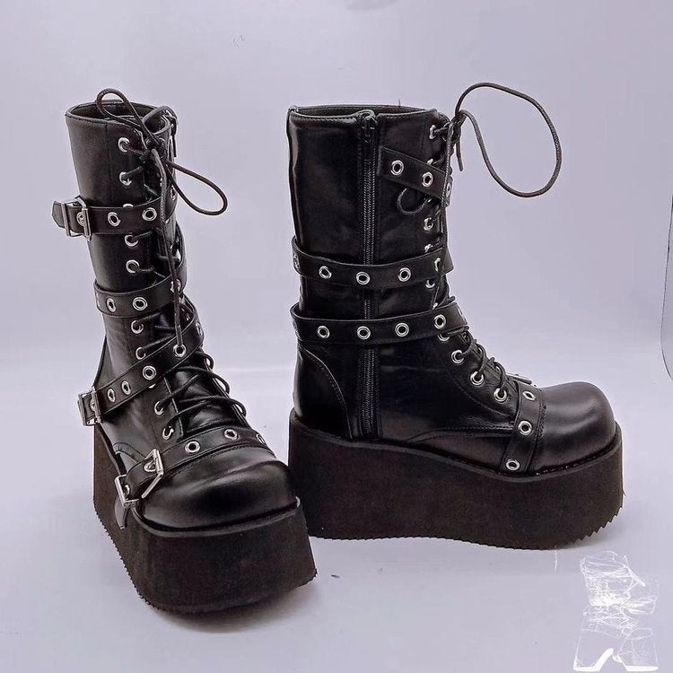 Plus Size 43 Women'S Boots 2021 New Punk Belt Buckle Thick Bottom Side Pull Boots Women - Image 3