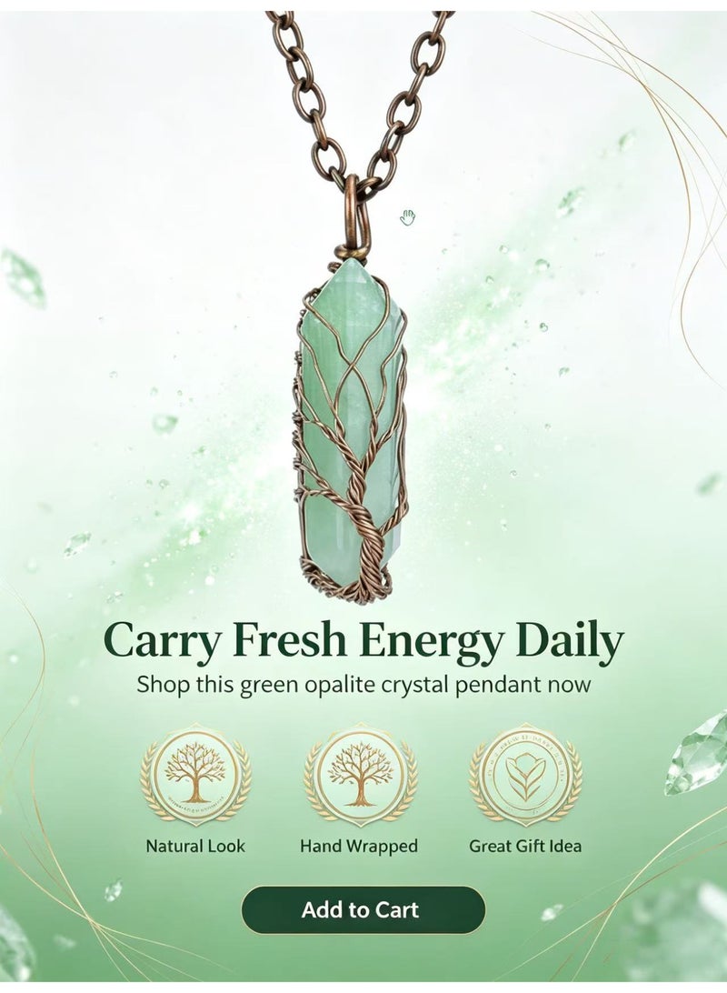 Tree of Life Wire Wrapped Green Aventurine Crystal Pendant Necklace Vintage Copper Chain - Image 5