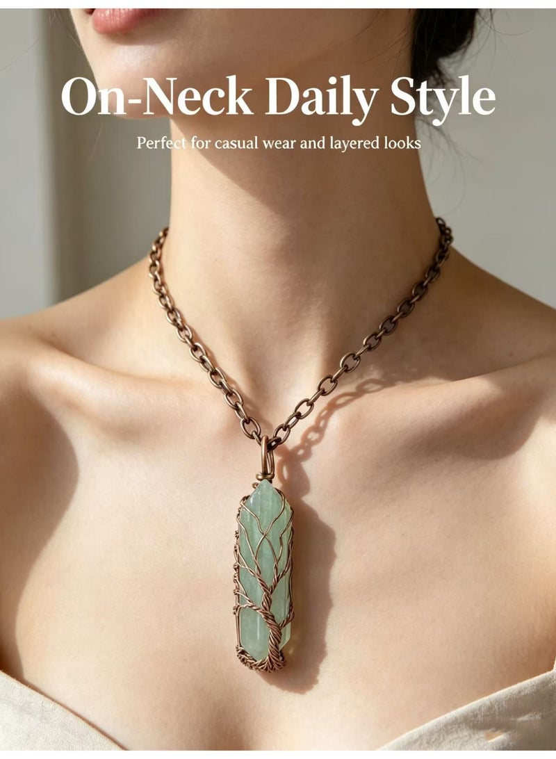 Tree of Life Wire Wrapped Green Aventurine Crystal Pendant Necklace Vintage Copper Chain - Image 4