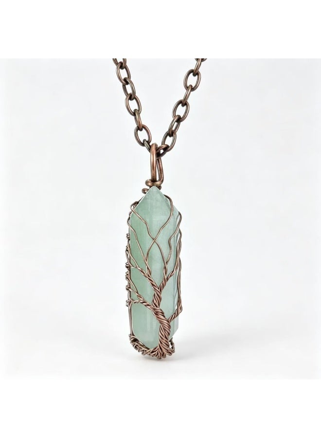 Tree of Life Wire Wrapped Green Aventurine Crystal Pendant Necklace Vintage Copper Chain - Image 1