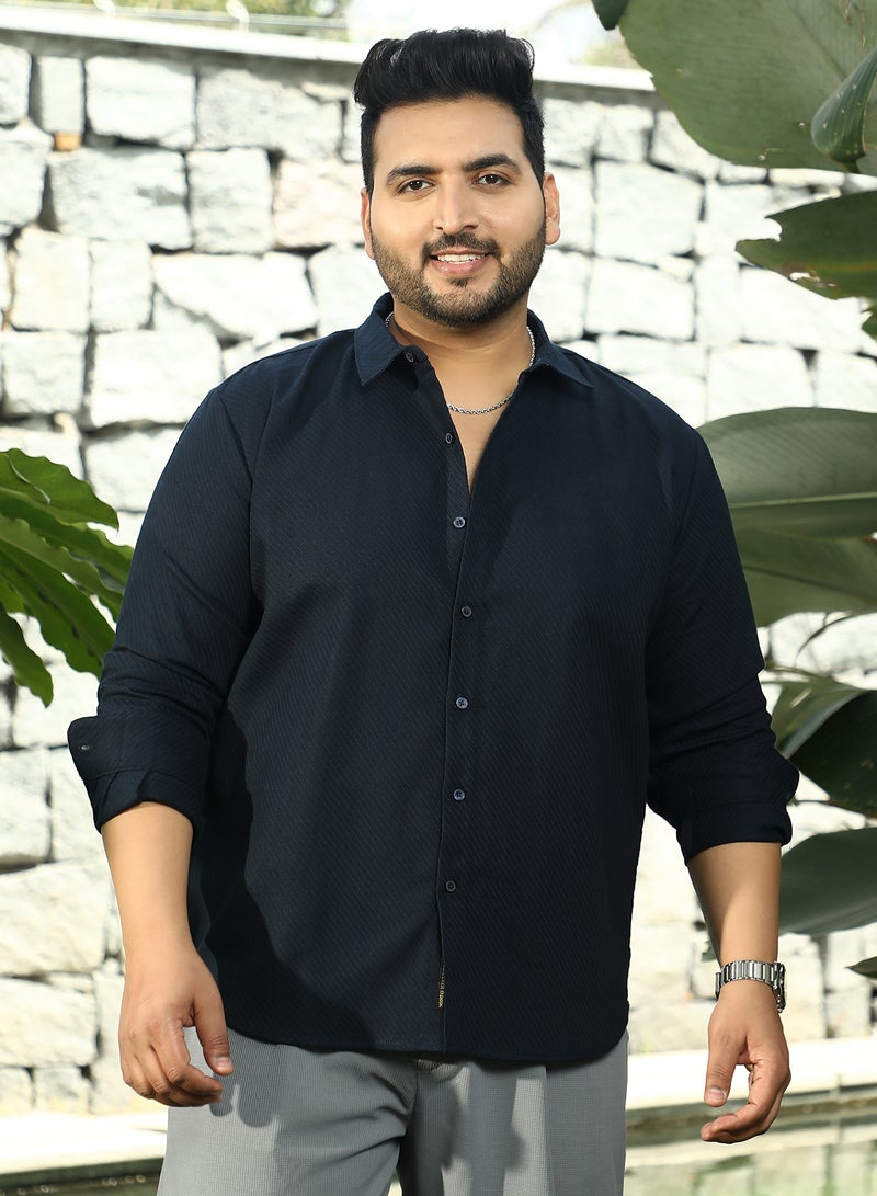 Instafab Plus Men's Navy Blue Slanted-Trough Shirt For Casual Wear | Spread Collar | Long Cuffed Sleeves | Button Closure | Plus Size Shirt Crafted With Comfort Fit For Everyday Wear - Image 2