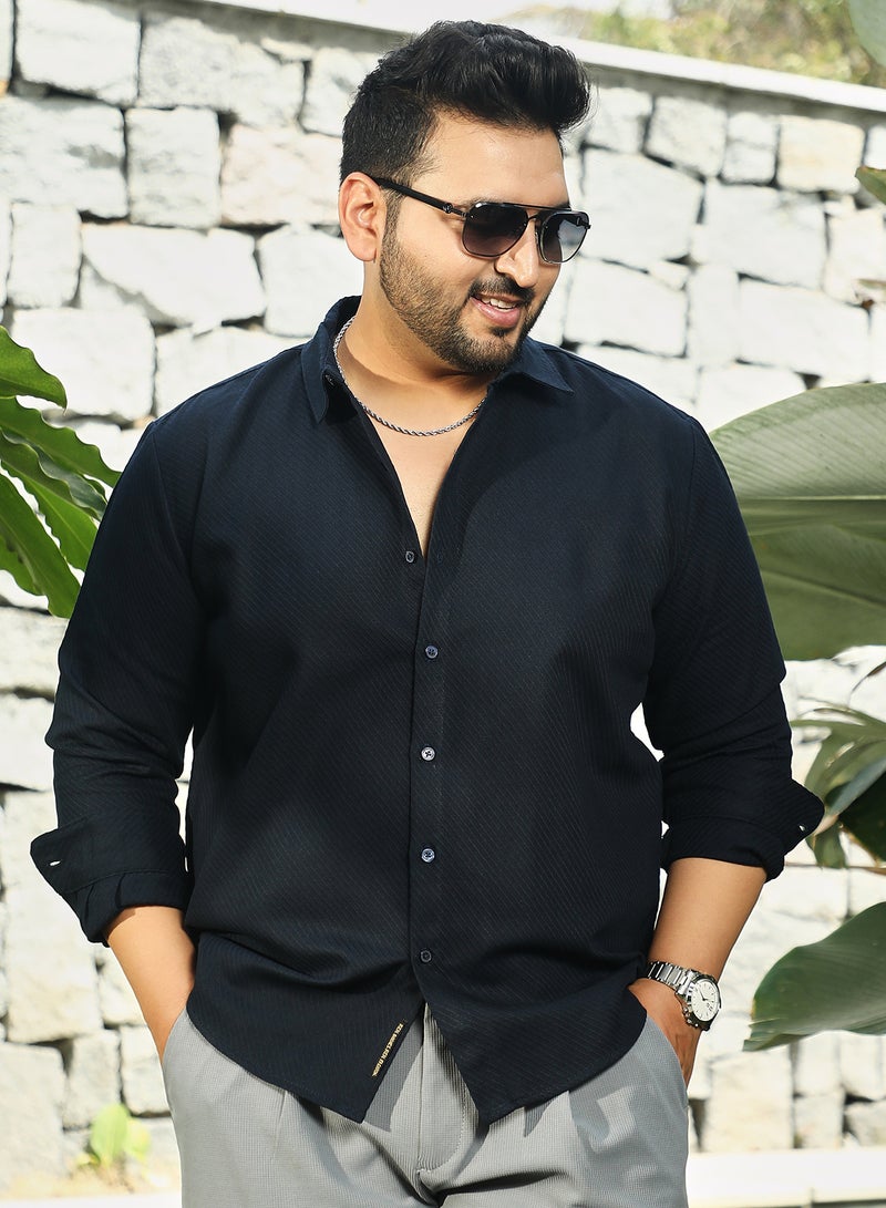 Instafab Plus Men's Navy Blue Slanted-Trough Shirt For Casual Wear | Spread Collar | Long Cuffed Sleeves | Button Closure | Plus Size Shirt Crafted With Comfort Fit For Everyday Wear - Image 1