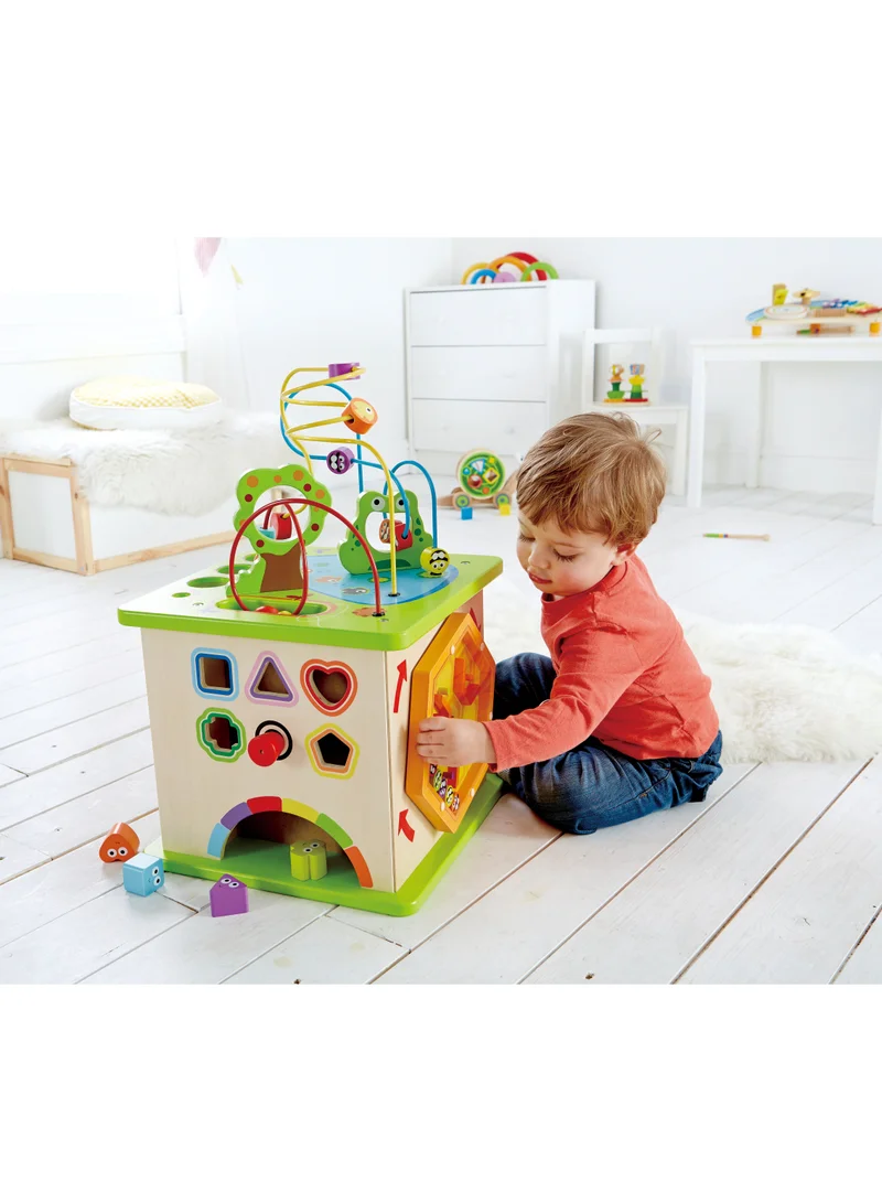 هيب Country Critters Wooden Activity Play Cube By Hape, Wooden Learning Puzzle Toy For Toddlers, 5-Sided Activity Center With Animal Friends, Shapes, Mazes, Wooden Balls, Shape Sorter Blocks And More-12M+