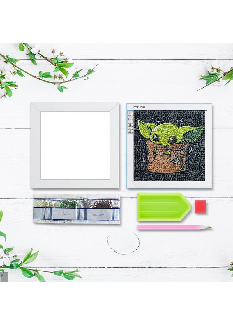 5D Diamond Painting Kit for Kids - Easy Full Drill Art with Wooden Frame, 7x7 inch Baby Yoda Design, Perfect for Beginners and Anime Lovers