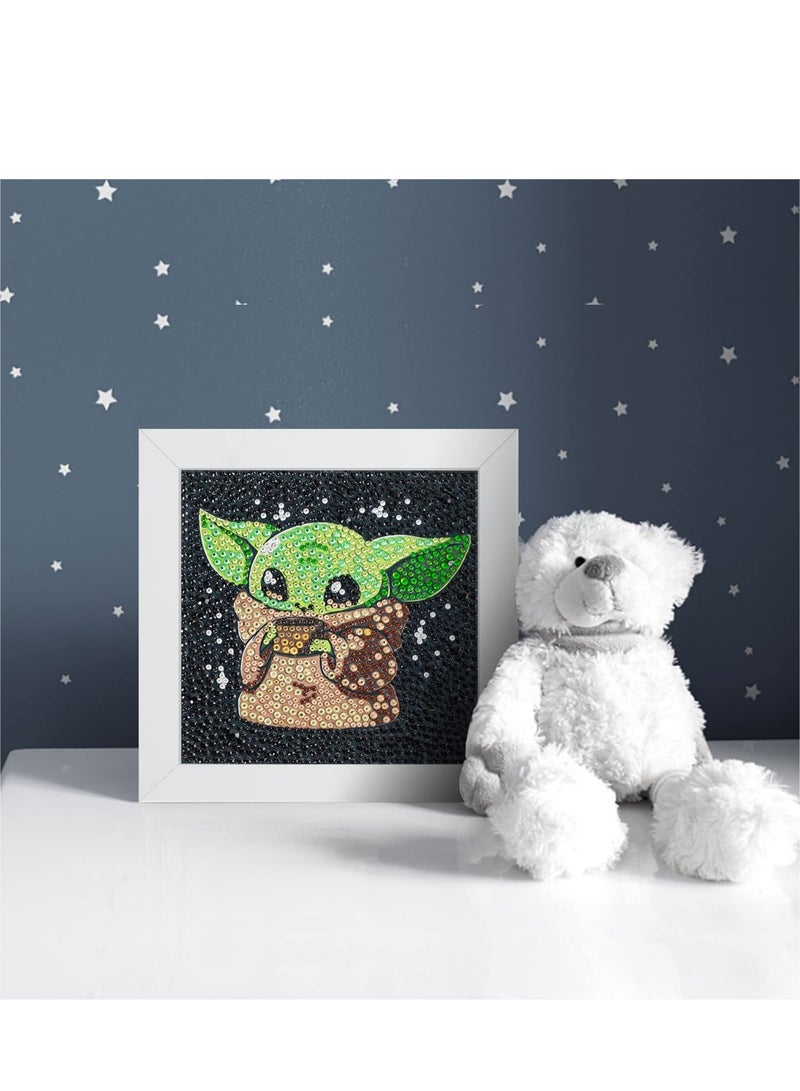 5D Diamond Painting Kit for Kids - Easy Full Drill Art with Wooden Frame, 7x7 inch Baby Yoda Design, Perfect for Beginners and Anime Lovers