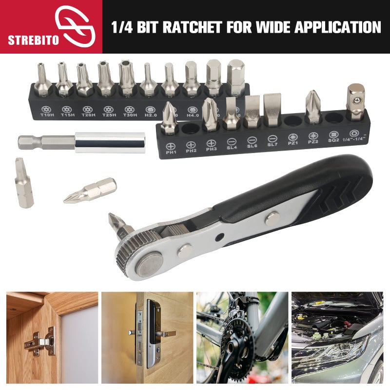 STREBITO Mini Ratchet Set, 22-Piece 1/4 Ratchet Right Angle Screwdriver, 36-Tooth Small Ratcheting Wrench Bit Ratchet For Tight Spaces, with Phillips, Slotted, Torx, Hex, Square and Adapter for Socket - Image 5
