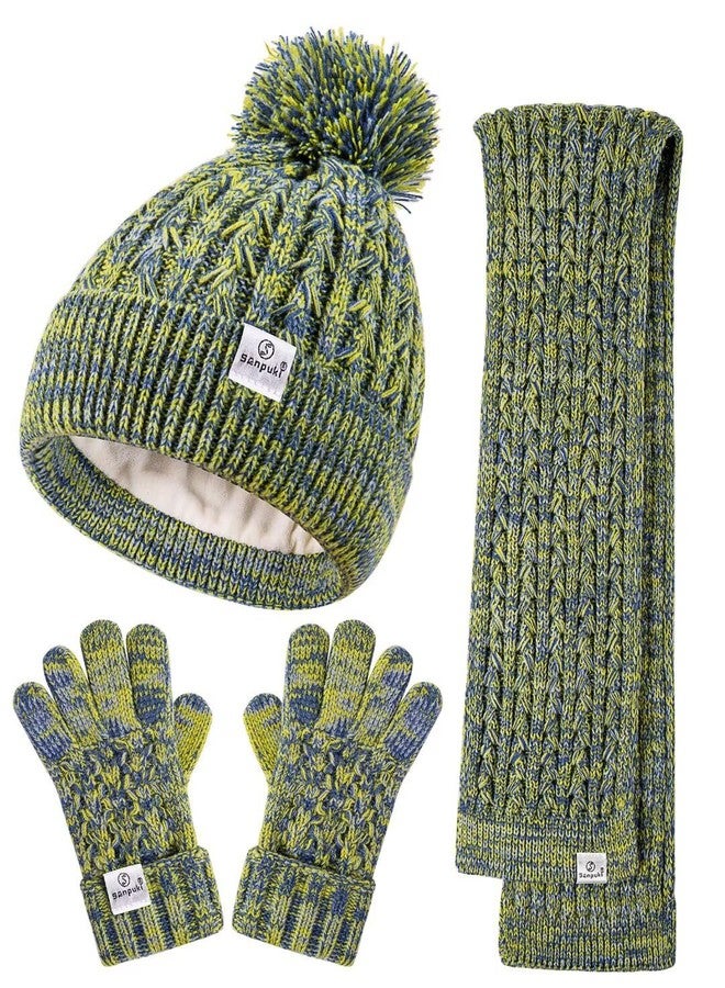 SENPUKI Kids Winter Hat Gloves Scarf Set,Girls Toddler Winter Hat Beanies with Pom Neck Warmer Gaiter Mittens Fleece Lined Set Christmas Gift for Kids（Green Mix） - Image 1