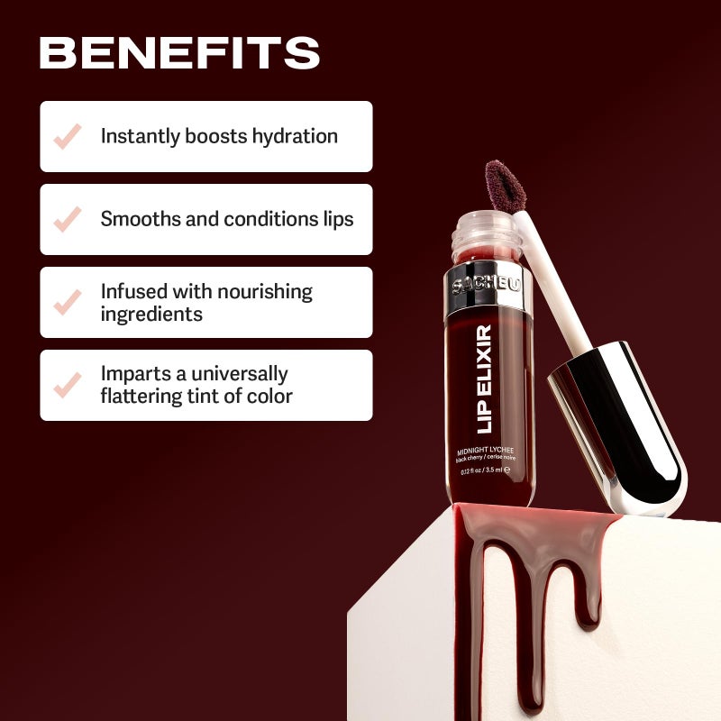 Sacheu Lip Elixir Nourishing and Hydrating Lipgloss â€” Moisturizing Plumping Lip Gloss Enriched with Collagen, Non-Sticky Lip Color Smooth High-Shine Finish, Vegan & Cruelty-Free, Midnight Lychee - Image 4