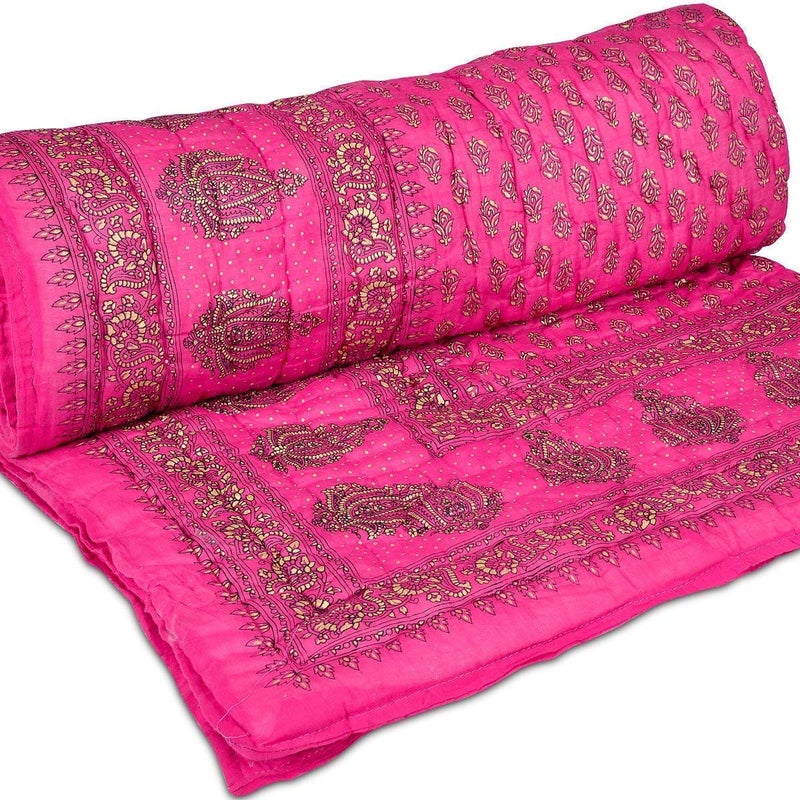 Lilfly Light Weight Single Bed Soft Jaipuri AC Quilt/Razai Designer Pink with Classy Jaipuri Gold Print Cotton Quilts Blankets for Home (Size 55X85 inch) Set of 1 razai - Image 1